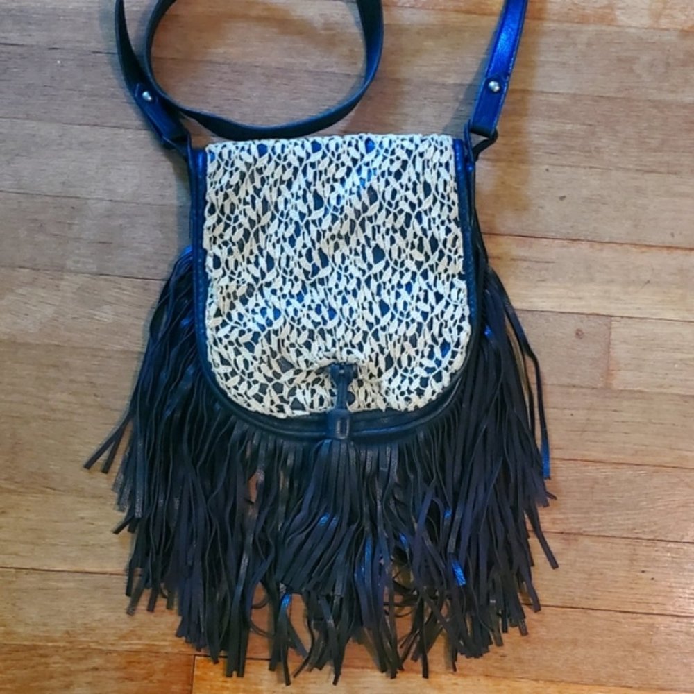 Fringe festive boho crossbody black cream bag handbag